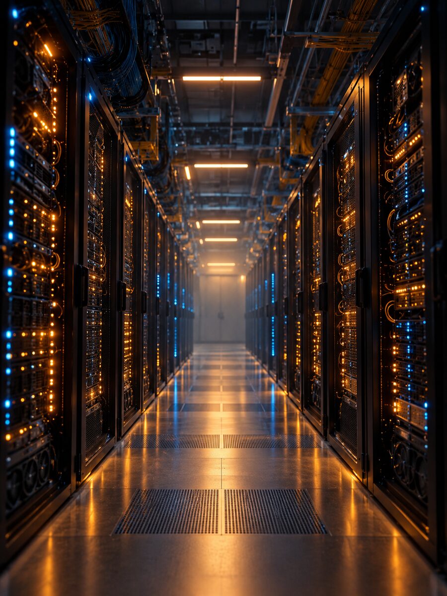 Sala de un datacenter de IA con racks de servidores