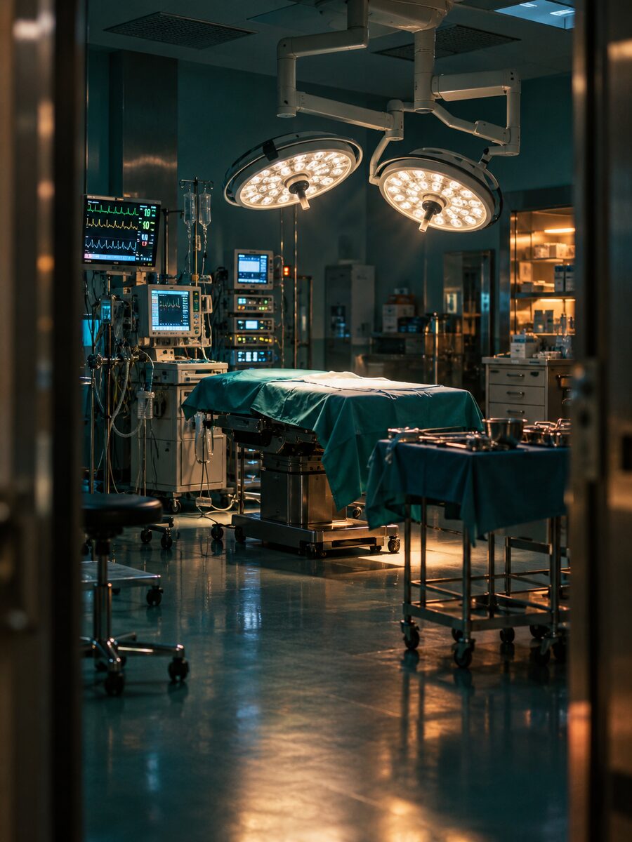 Un quirófano de noche con las luces encendidas
