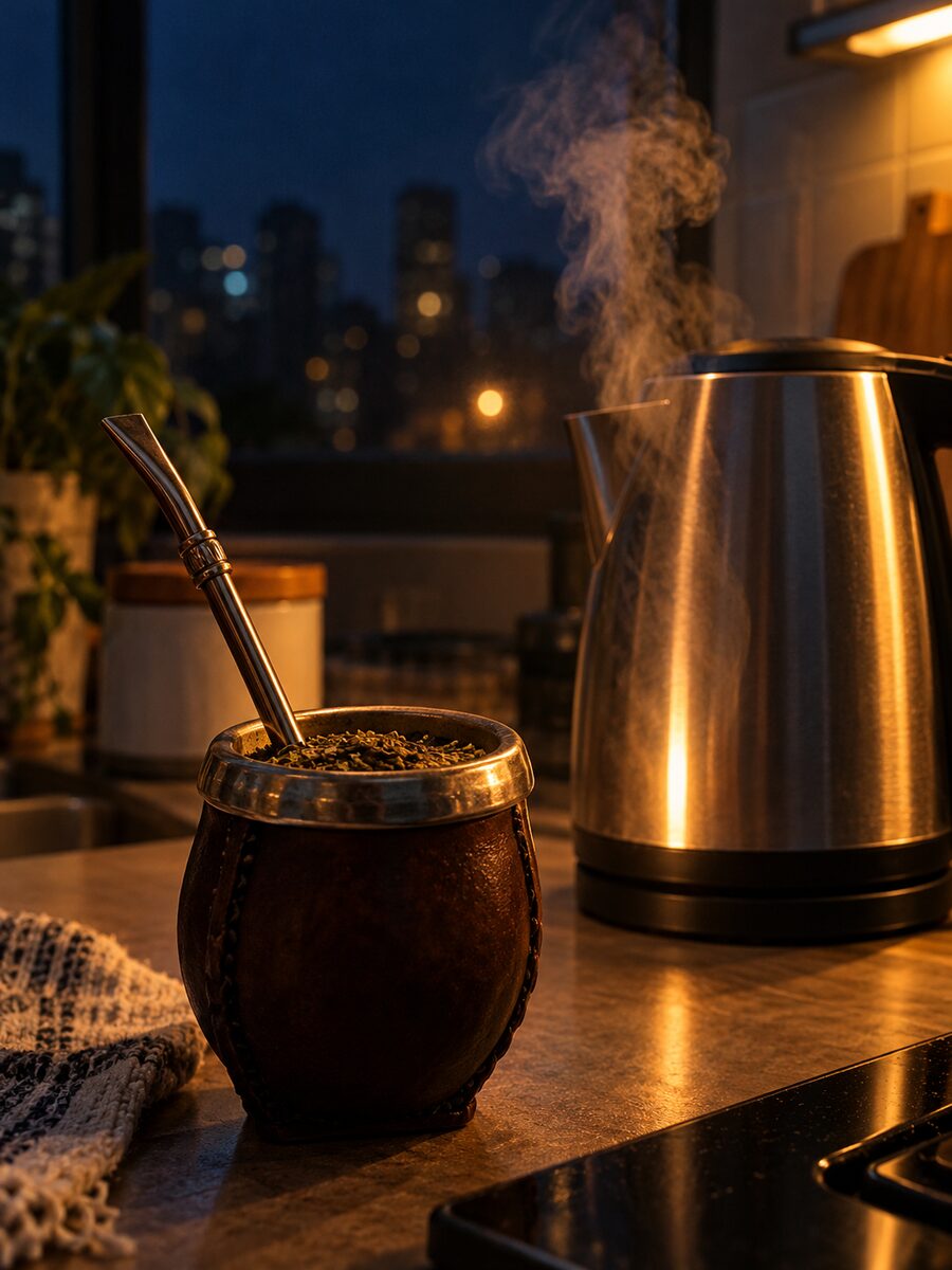 Una pava eléctrica junto a un mate en una cocina de noche